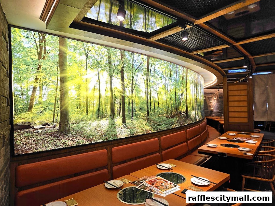 Interior of a restaurant with a large forest mural and dining tables.