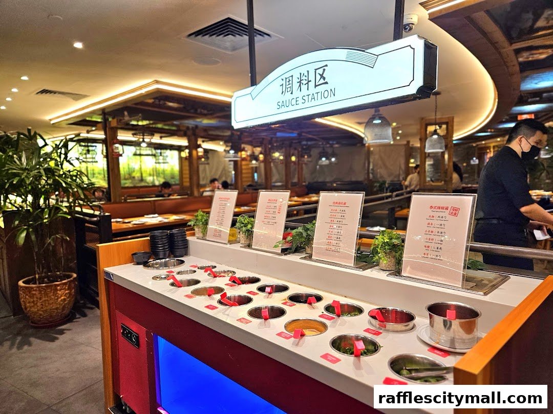 A sauce station with various ingredients and menus in a restaurant.