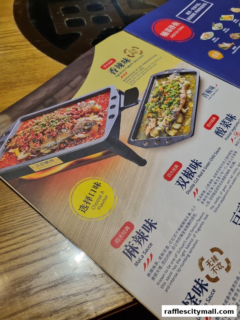 A menu showcasing various flavorful fish dishes with different sauces and ingredients.