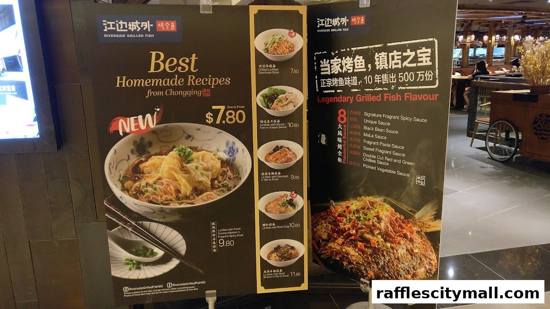 A menu board for Riverside Canton Claypot Cuisine featuring various noodle dishes and grilled fish.
