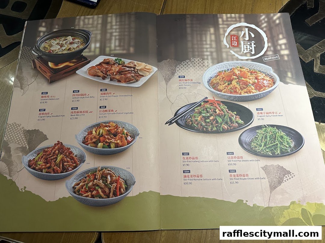 A menu from Riverside Canton Claypot Cuisine featuring various Chinese dishes with images and prices.