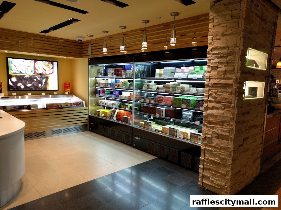 Interior view of a well-lit shop with refrigerated display cases filled with packaged goods.