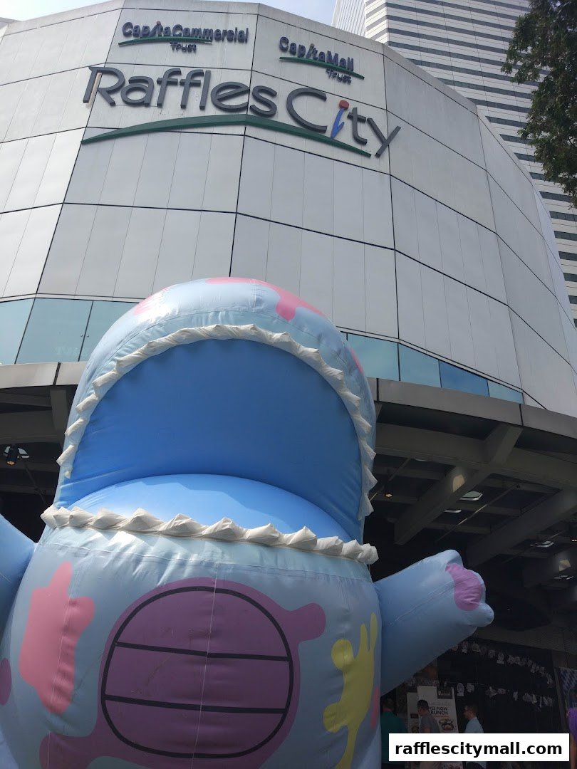 An inflatable character stands in front of the Raffles City shopping mall.
