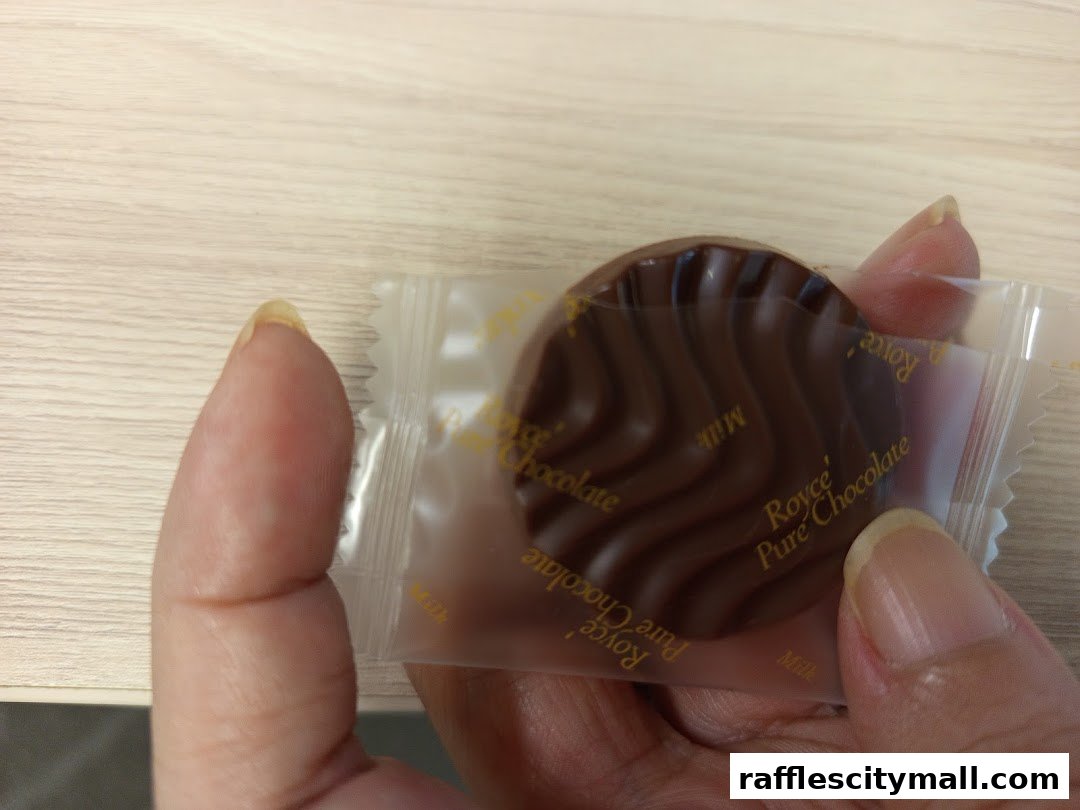 A hand holds a single, individually wrapped Royce Pure Chocolate milk chocolate.