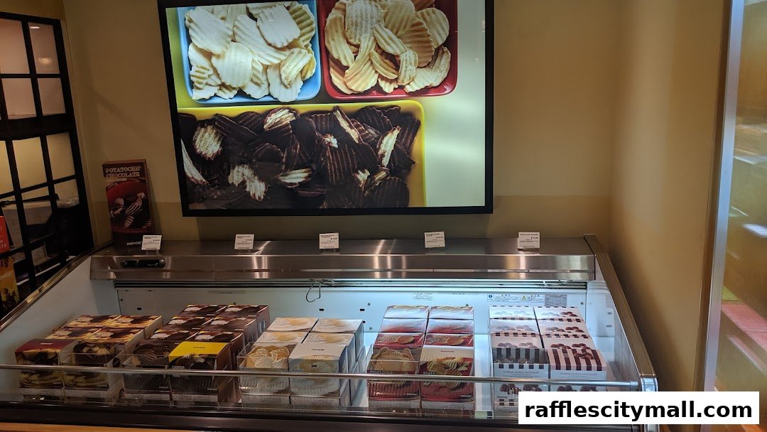 A display case filled with boxes of chocolate-covered potato chips from Royce.