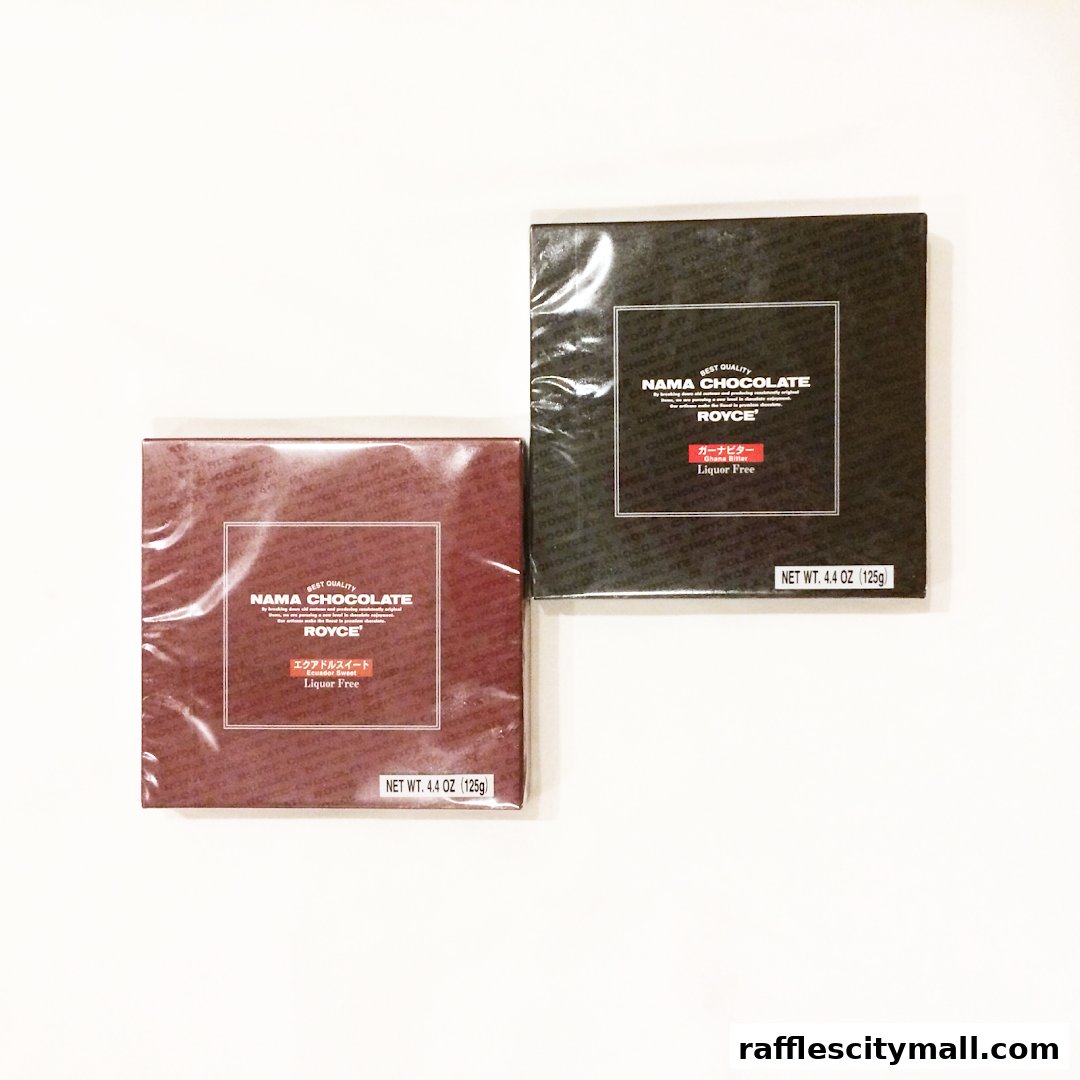 Two boxes of Royce Nama Chocolate, one in dark brown and one in black, are displayed against a white background.