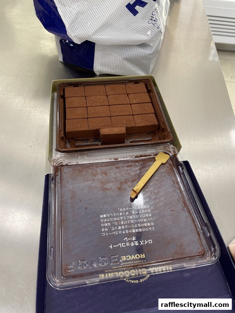 A box of Royce Nama Chocolate with a small yellow utensil inside.
