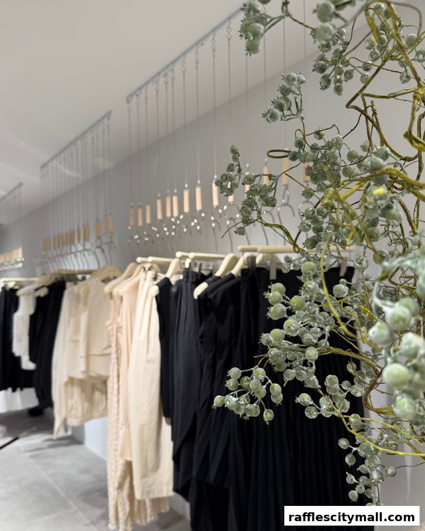 A stylish display of clothing in neutral tones, with decorative greenery in the foreground.