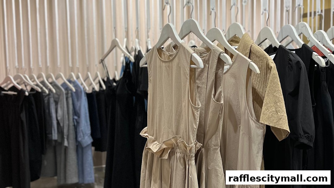 A rack of stylish women's clothing, featuring dresses and tops in neutral colors.