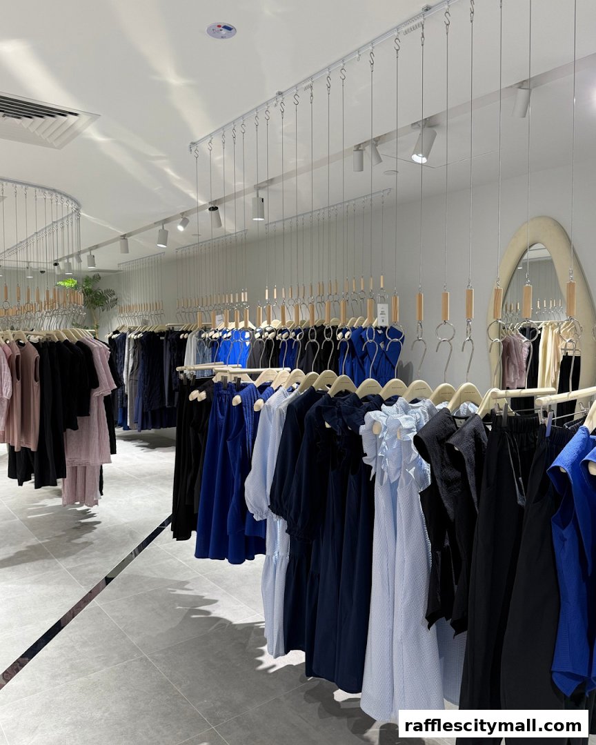 Interior view of a clothing store with racks of dresses and apparel.