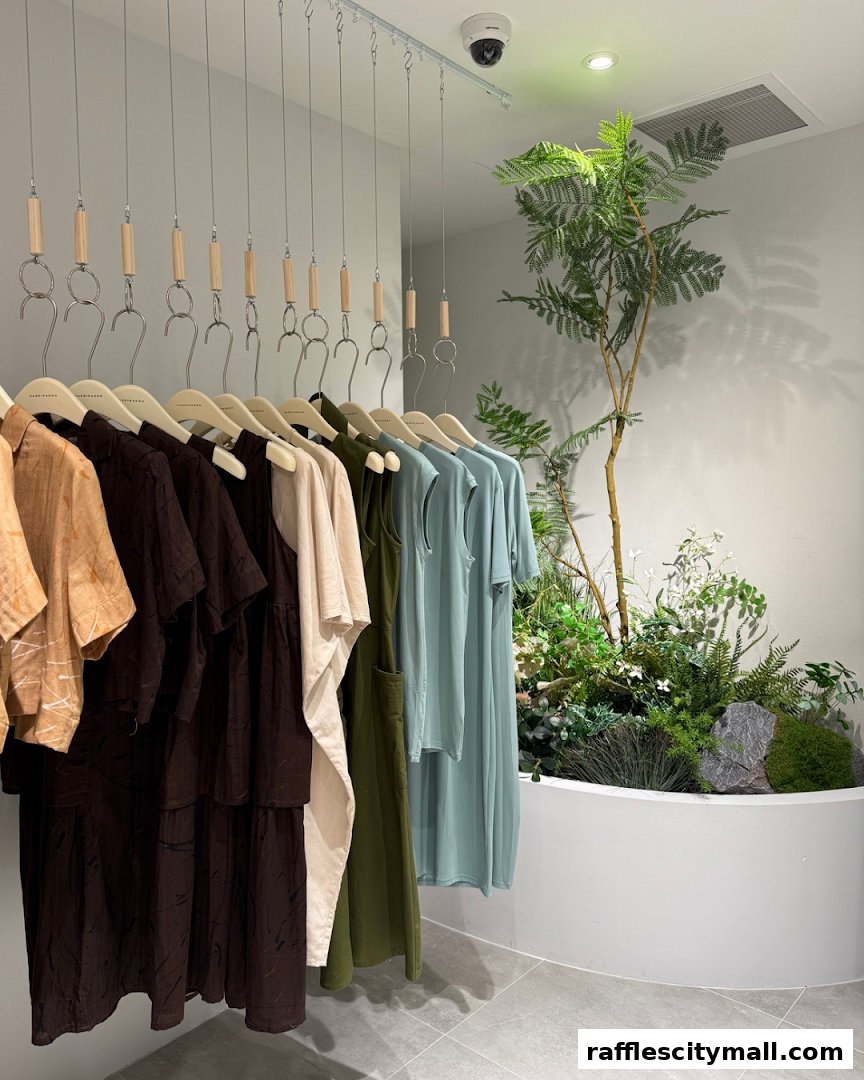 A clothing rack with dresses and a decorative plant display inside a store.