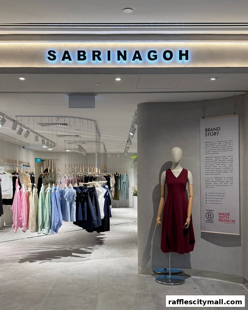 The entrance of SABRINAGOH Raffles City, showcasing clothing displays and a mannequin.