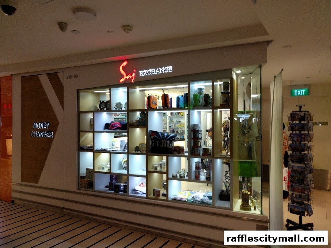 Saj Exchange Money Changer shop with display shelves showcasing various items and a rack of postcards.