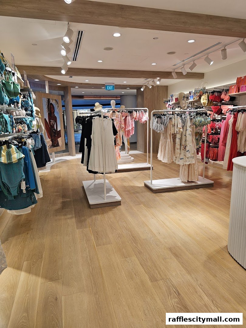 Interior of a bright, modern clothing store with racks of swimwear and dresses.