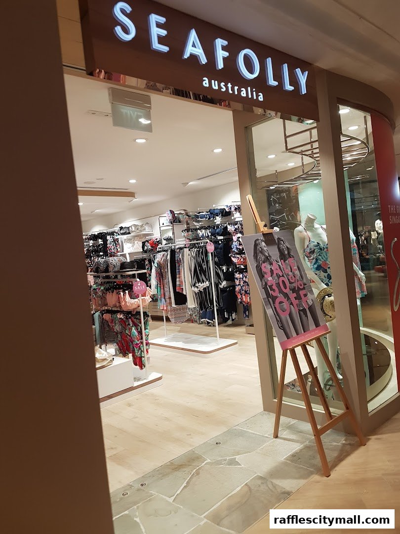 The entrance to the Seafolly Australia store, showcasing swimwear and a sale sign.
