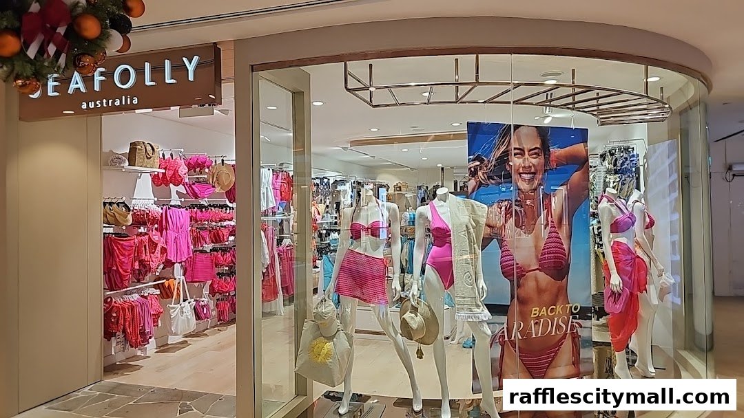 Seafolly Australia store front with mannequins displaying swimwear and accessories.