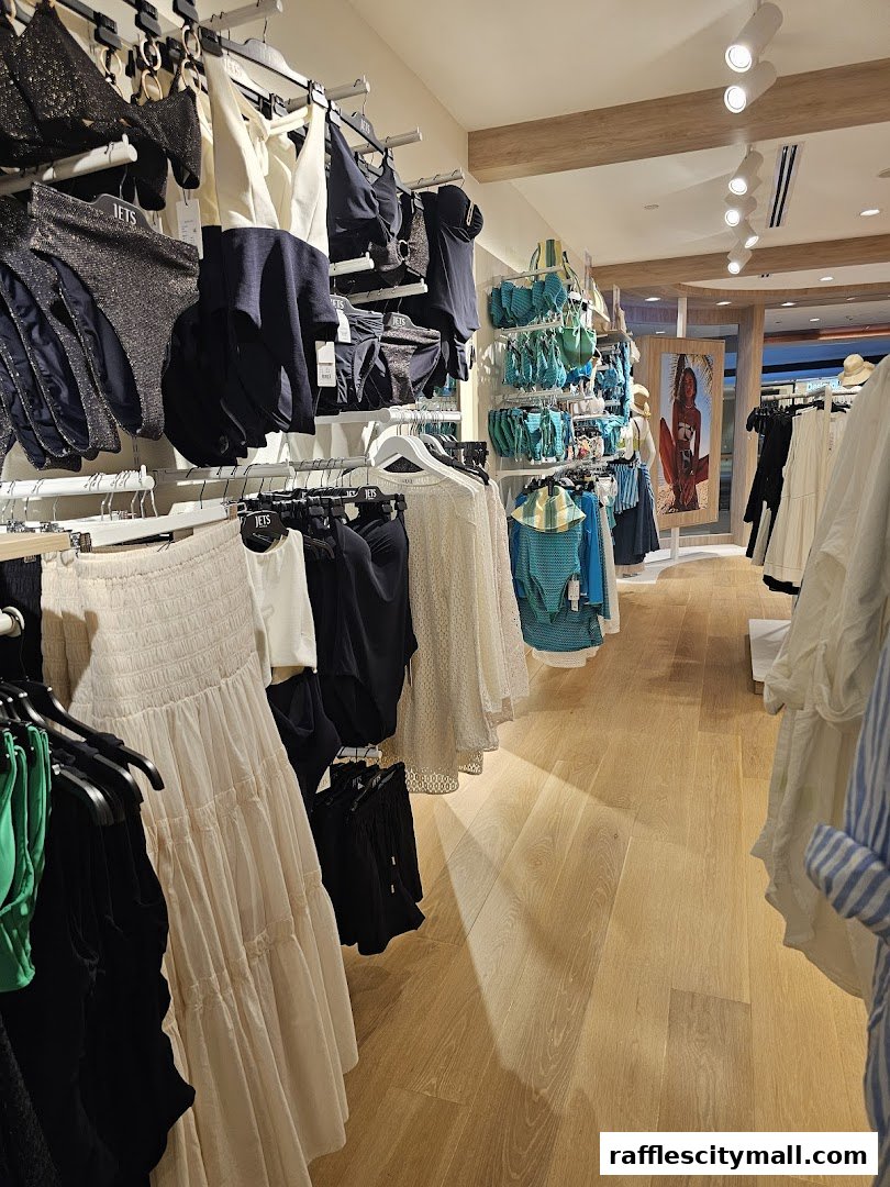 Interior view of a Seafolly store showcasing swimwear and resort wear on racks.