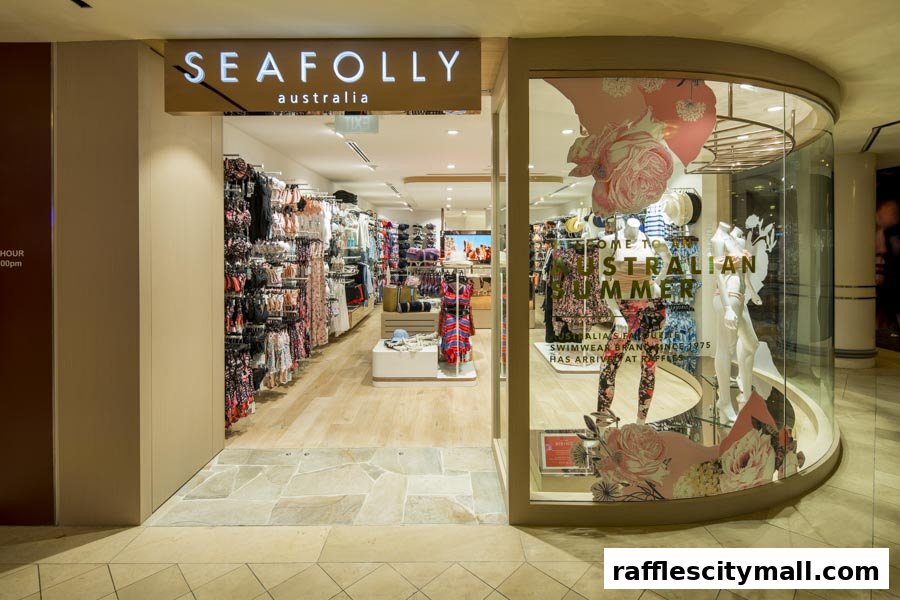 The entrance and interior of a Seafolly Australia swimwear store, showcasing summer collections.