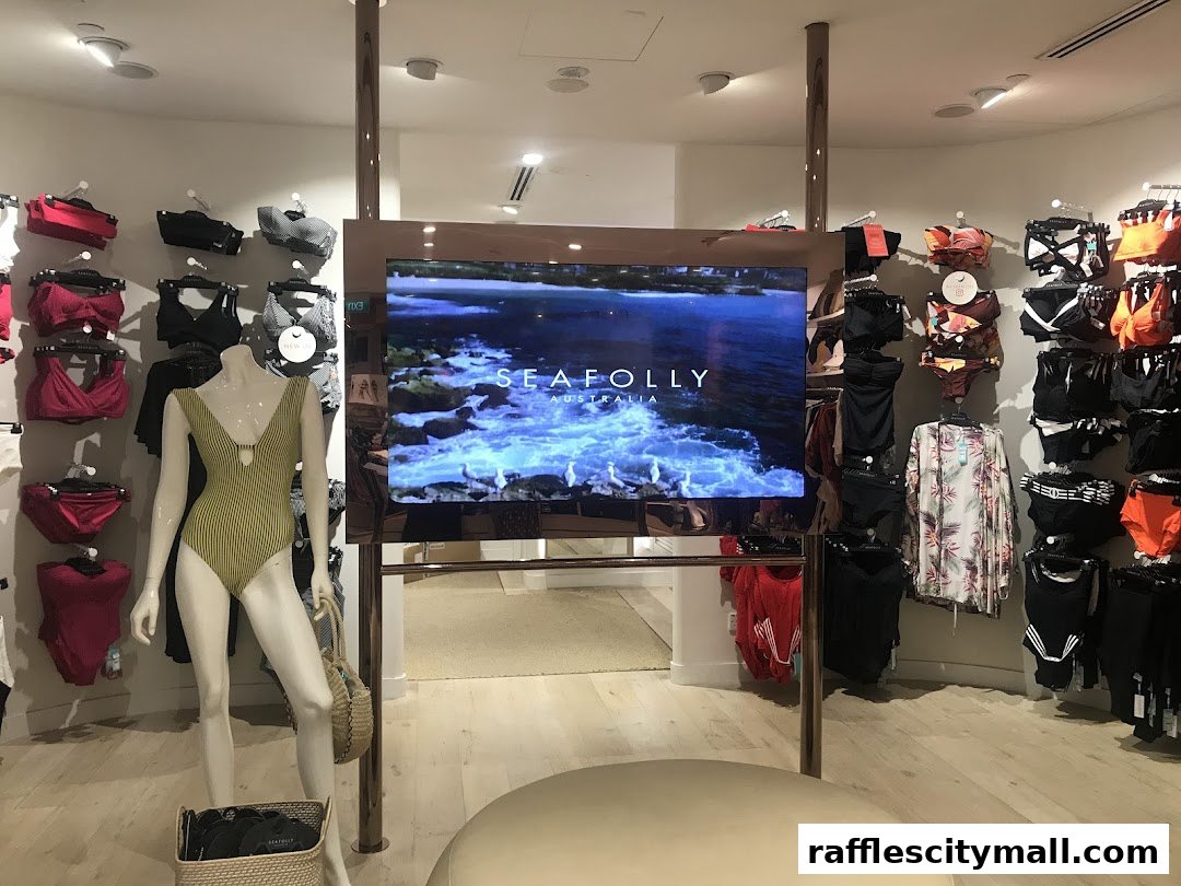 Seafolly store interior showcasing swimwear and a mannequin in a swimsuit.
