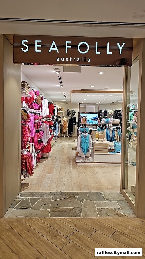 The entrance to a Seafolly Australia store, showcasing swimwear and beachwear.