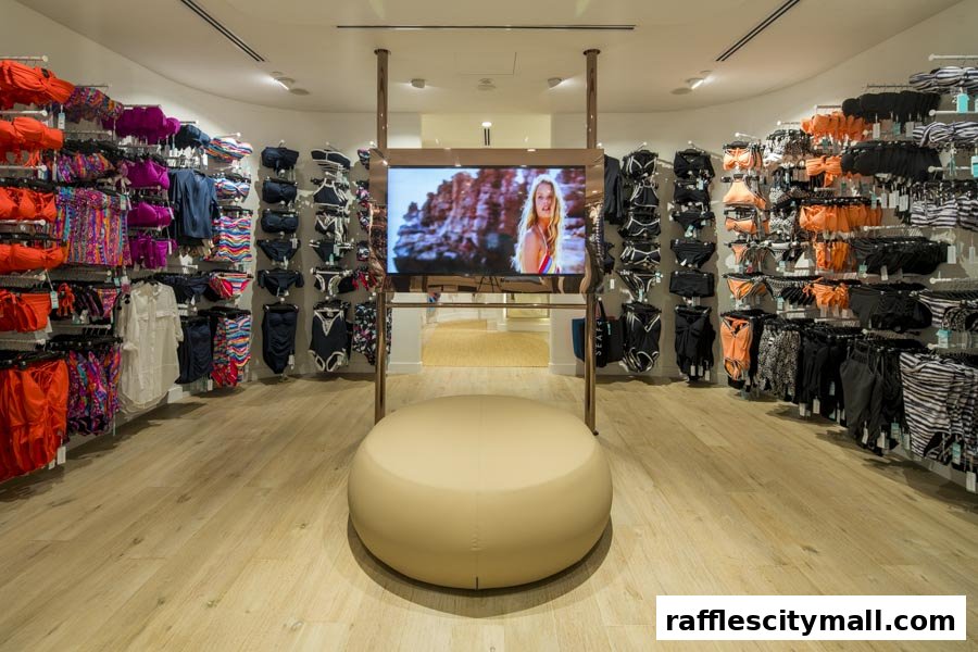 Interior of a Seafolly store showcasing a wide selection of swimwear and a promotional video.
