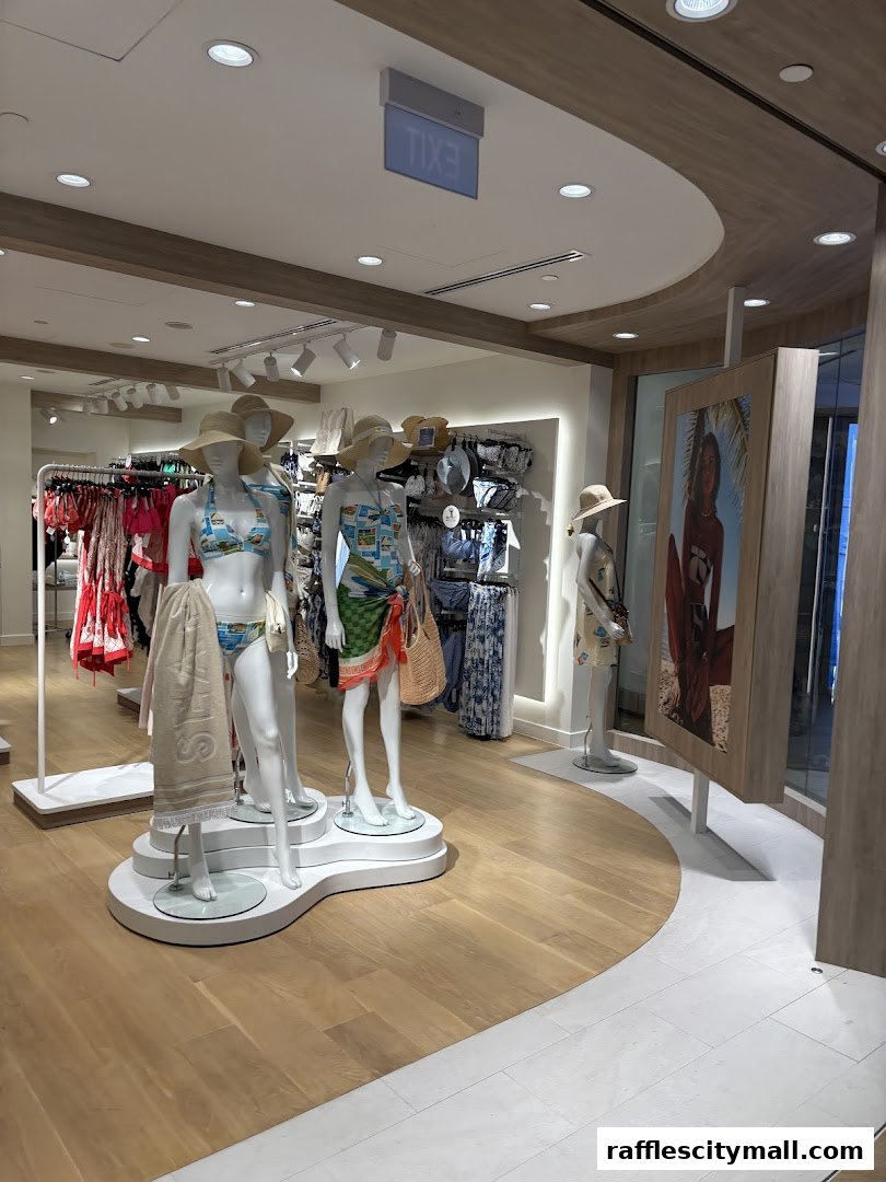 Mannequins display swimwear and accessories in a bright, modern retail store.