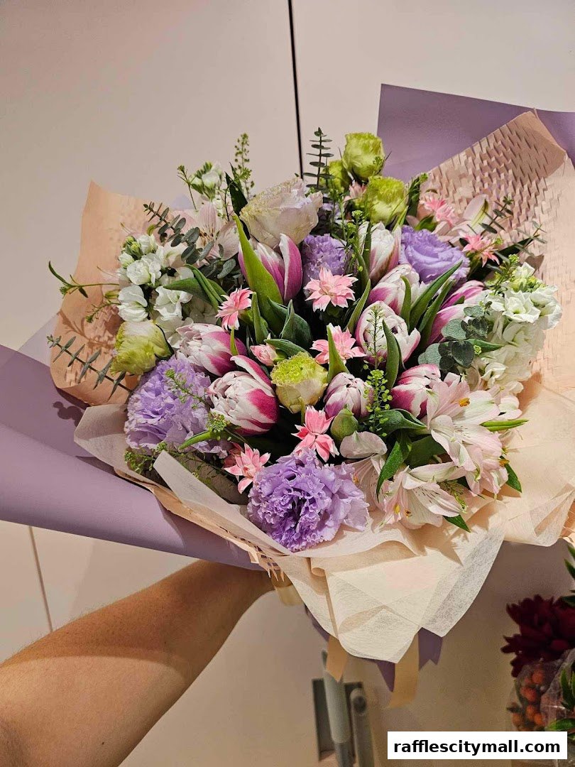 A hand holds a vibrant bouquet of tulips, carnations, and other flowers, beautifully wrapped.
