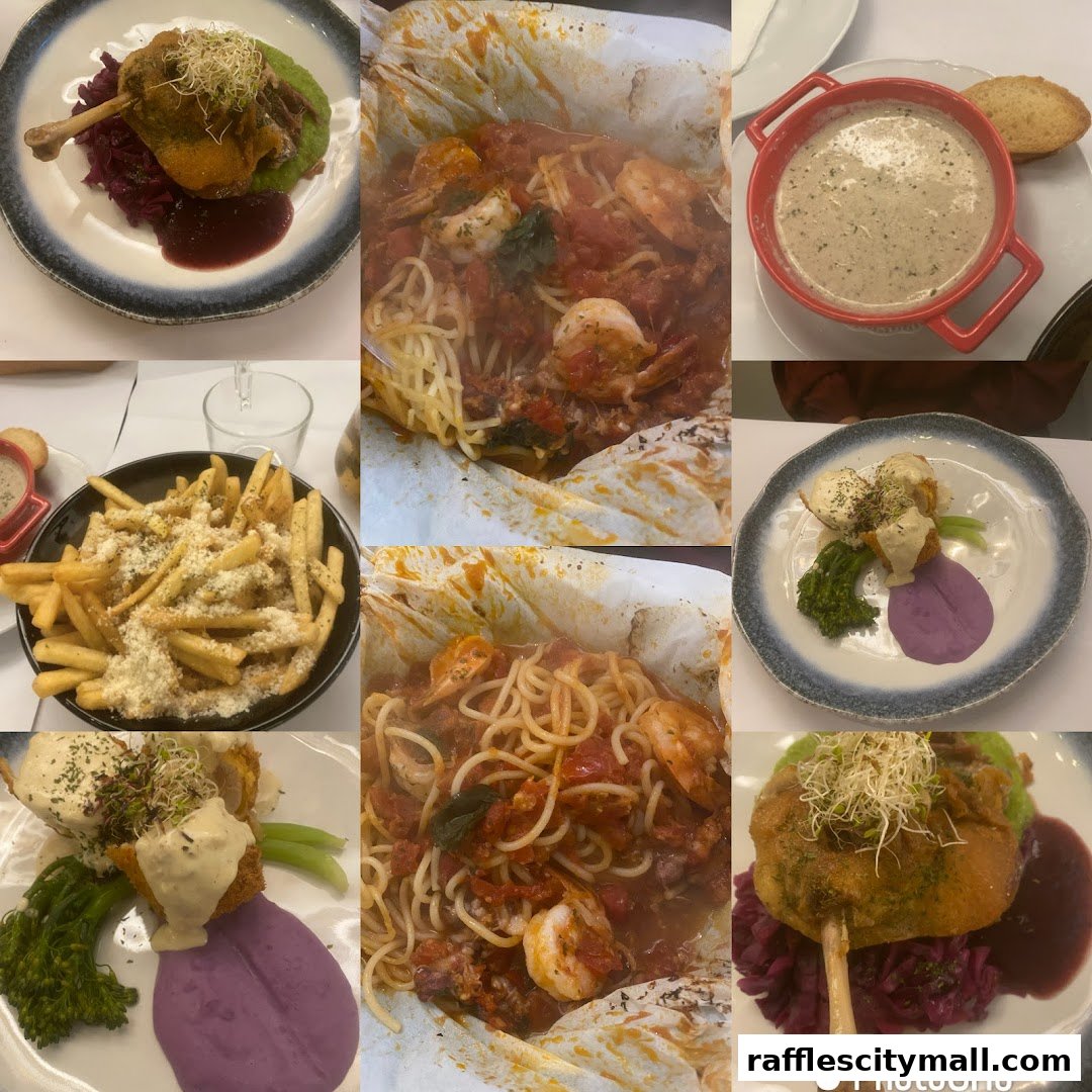 A collage of various delicious dishes, including pasta, fries, soup, and duck.