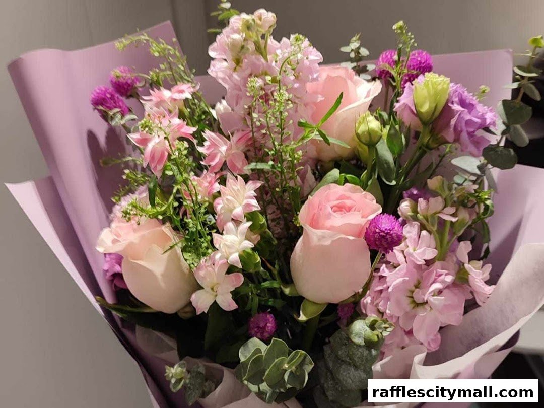 A beautiful bouquet of pink and purple flowers wrapped in purple paper.