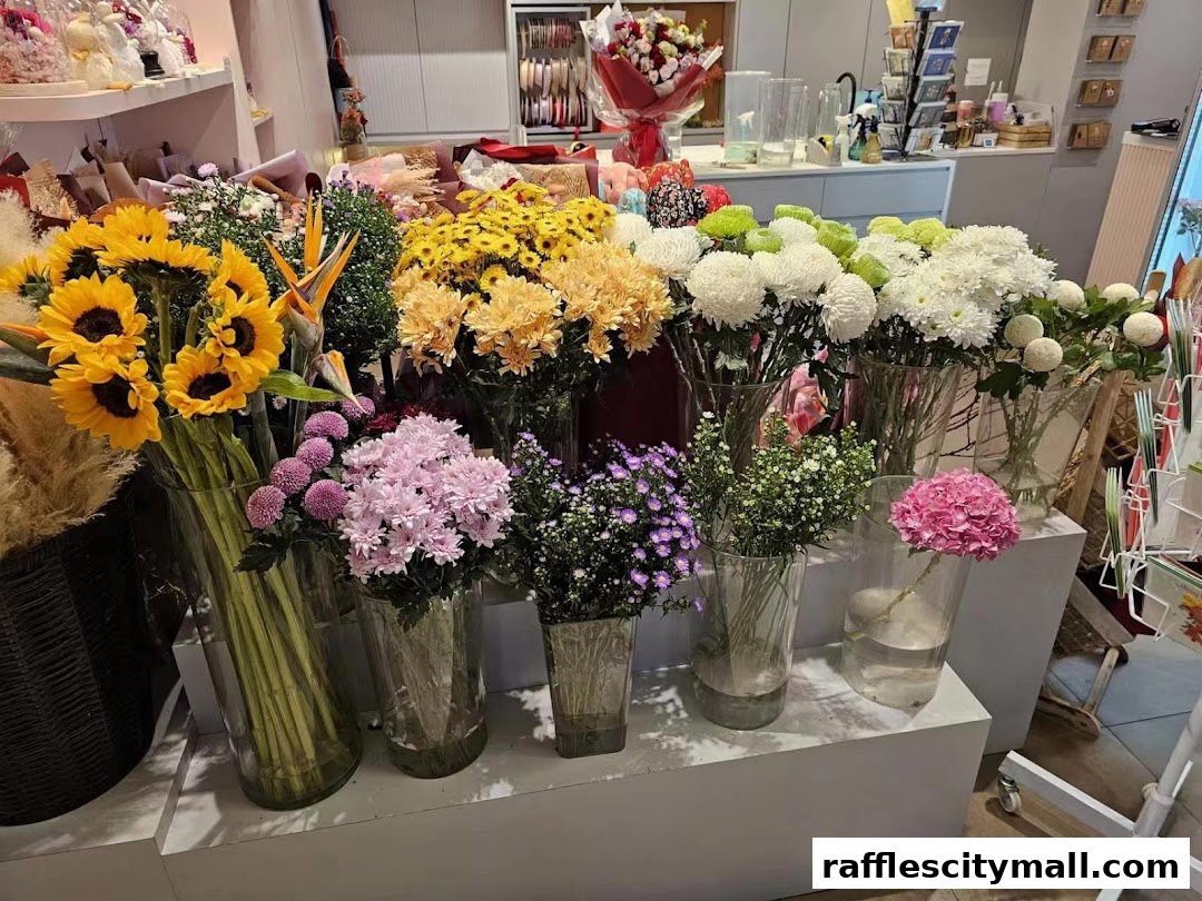 A vibrant display of various fresh flowers in vases, including sunflowers, chrysanthemums, and hydrangeas.
