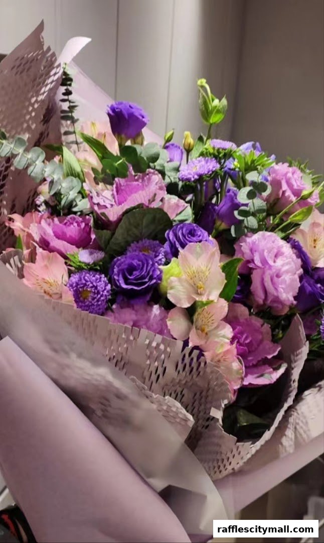 A beautiful bouquet of purple and pink flowers with green foliage, wrapped in paper.