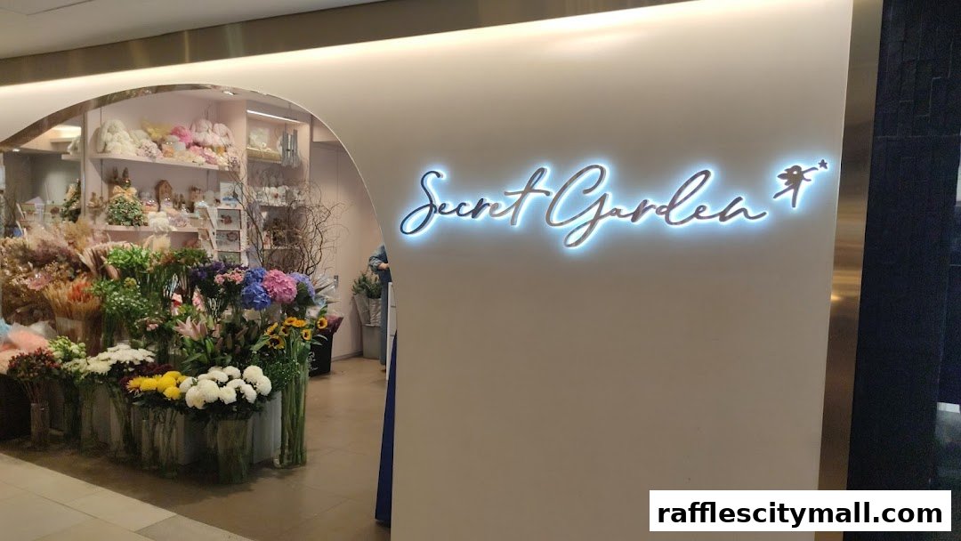 The entrance to Secret Garden flower shop, showcasing a vibrant display of fresh flowers.