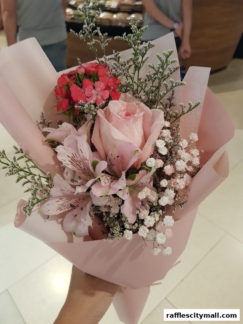 A hand holds a beautiful bouquet of pink roses, alstroemeria, and small red flowers.