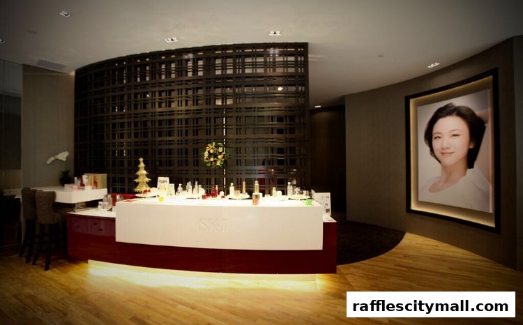Interior of a spa reception area with a display of skincare products and a portrait.