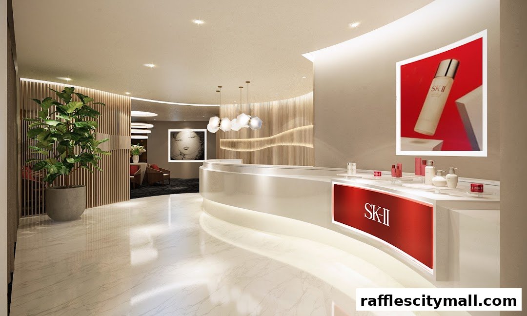 The reception area of a modern spa with a sleek counter and SK-II product display.