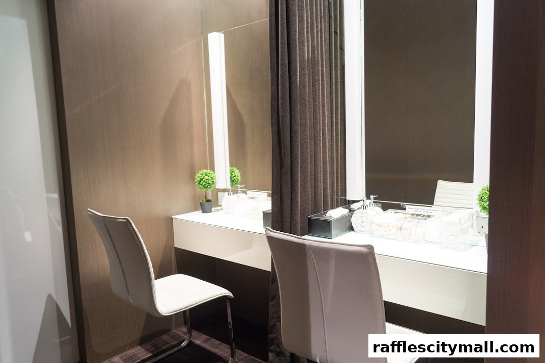 Two elegant chairs are placed in front of a vanity with mirrors and spa amenities.