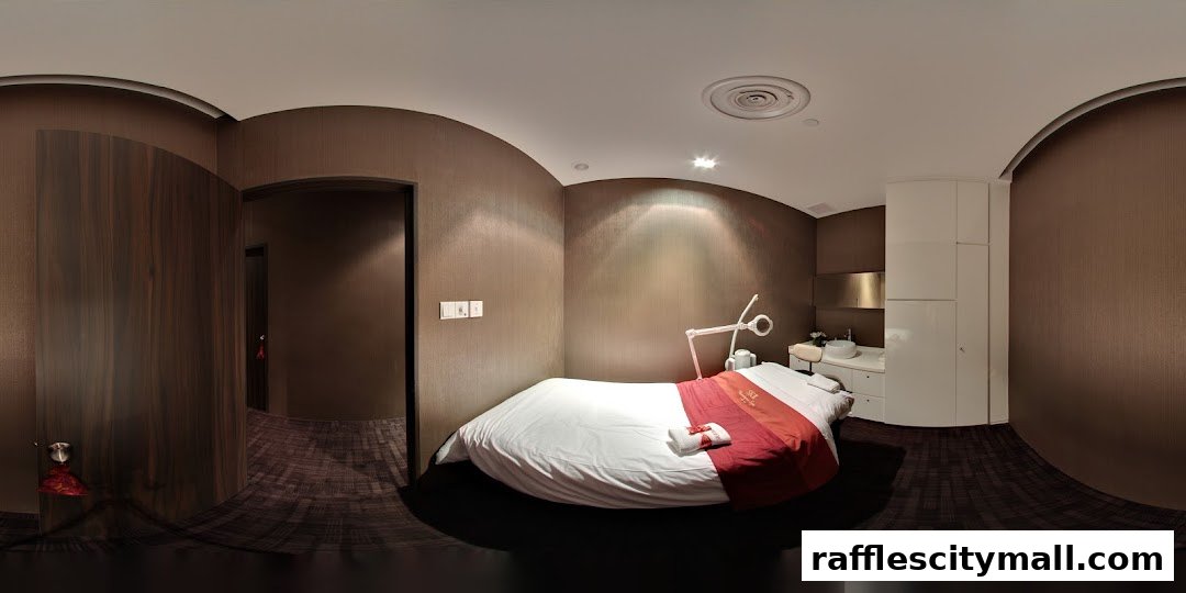 A treatment room in a spa with a massage bed, sink, and storage cabinets.
