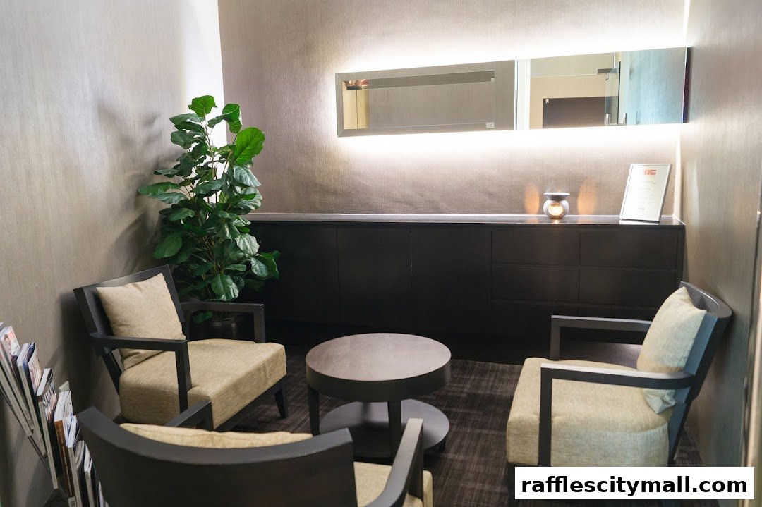 A waiting area with chairs, a plant, and a modern credenza with mirrors above.