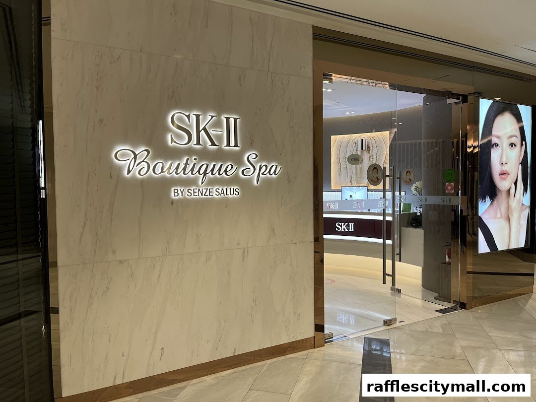 The entrance to the SK-II Boutique Spa, featuring elegant signage and a modern interior.