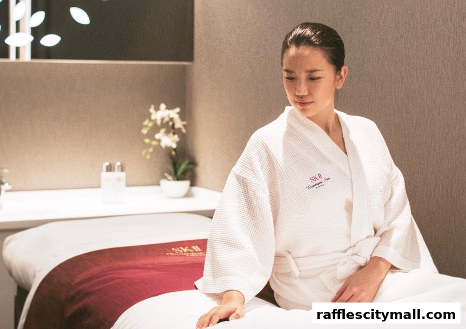 A woman in a white robe sits on a spa bed, looking relaxed.