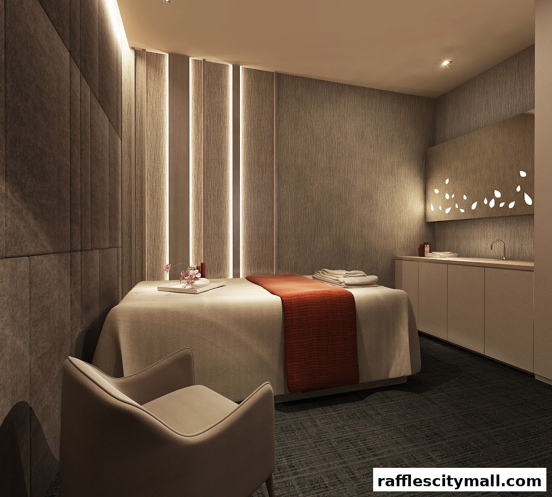 A serene spa room with a massage bed, chair, and a vanity area.