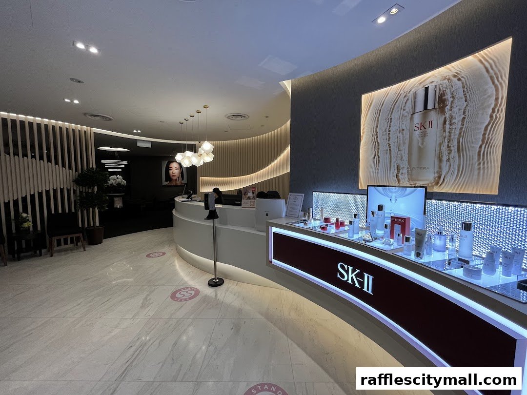 Interior of a modern spa reception area with a display of SK-II skincare products.
