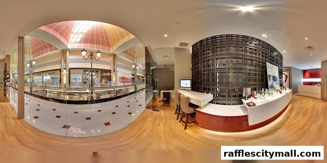 Interior view of a modern boutique spa with product displays and a reception area.