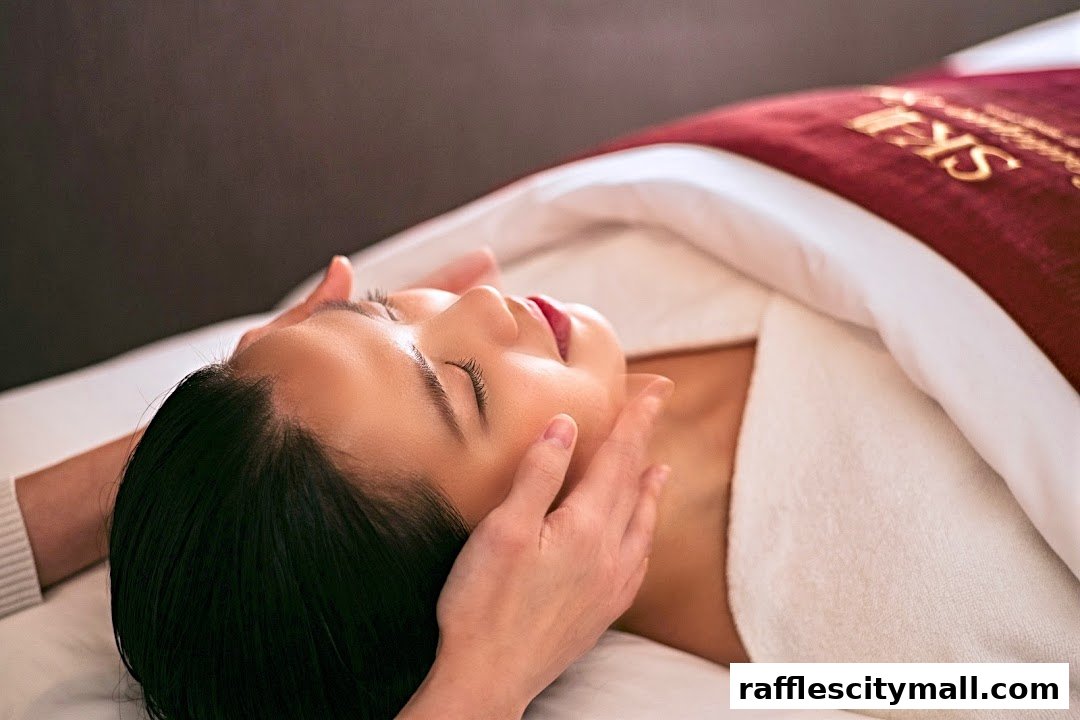 A person receiving a facial massage at a spa, with hands gently touching their face.
