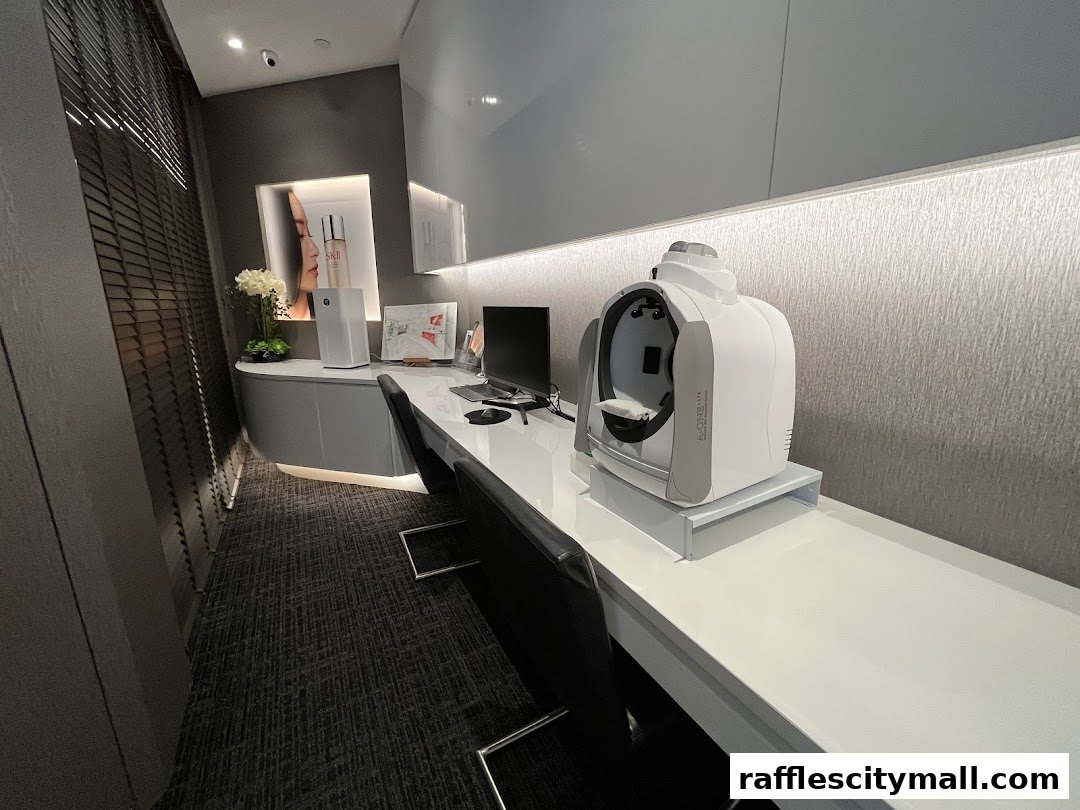 A modern spa consultation area with advanced skin analysis equipment and a sleek desk.