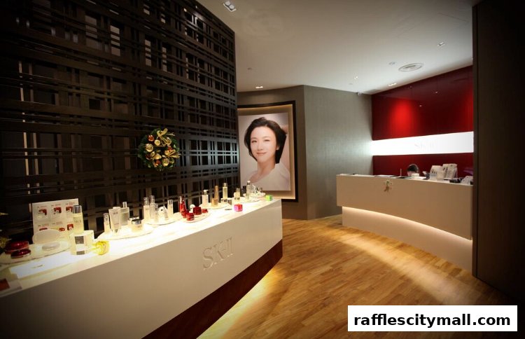 Interior of a spa boutique with skincare products displayed on a counter and a portrait on the wall.