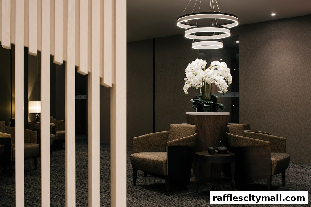 A serene waiting area with comfortable chairs, a decorative floral arrangement, and modern lighting.