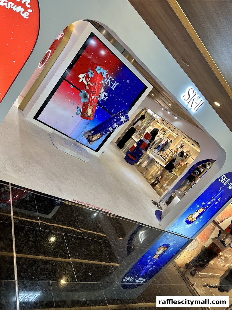 A modern retail store interior with a large digital display showcasing skincare products.