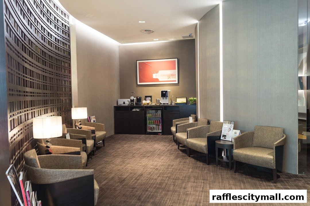 A modern spa waiting area with comfortable seating, ambient lighting, and a refreshment station.