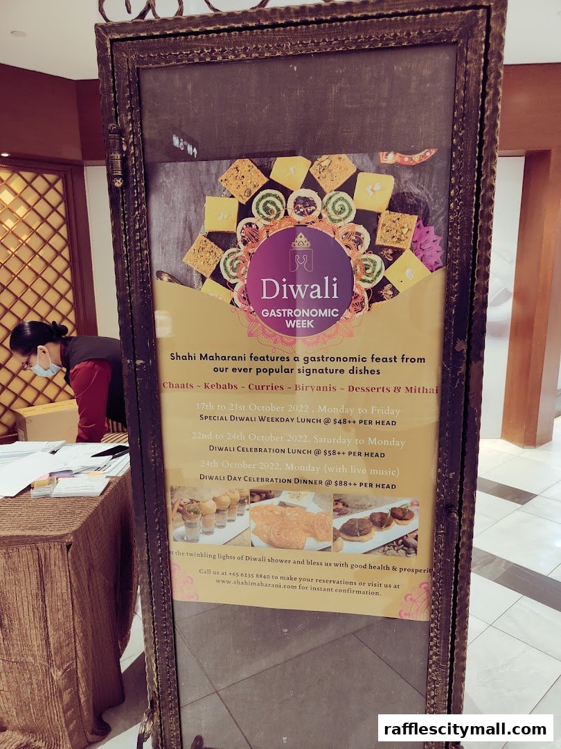 A promotional sign for Shahi Maharani's Diwali Gastronomic Week featuring Indian dishes and special offers.